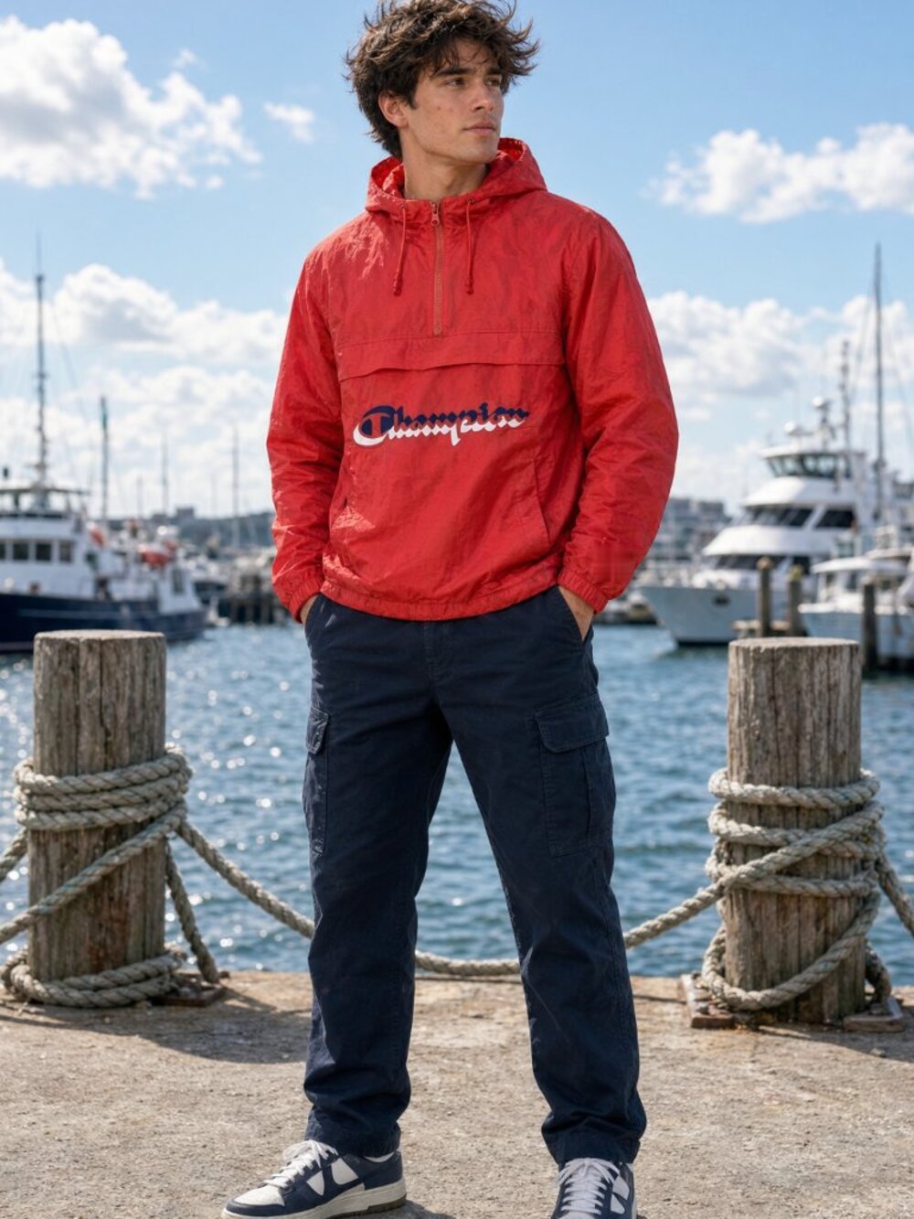 Champion Men Unisex Red Anorak Hood Windbreaker Quarter Zip Pullover US XS